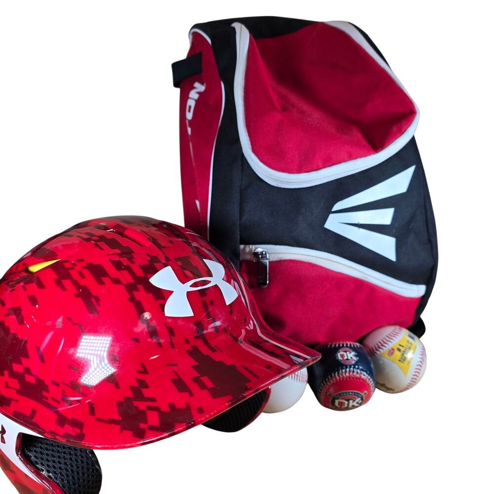 Easton TBall Backpack with Under Armour Helmet Batting Gloves, 3 balls (1 new)